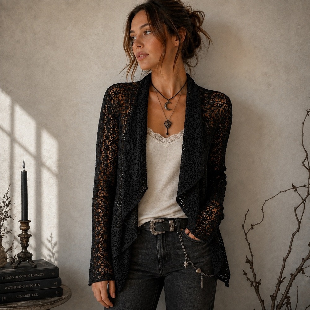 Casmari Cardigan Women Medium Black Whimsigoth Open Knit Crochet Draped Layer